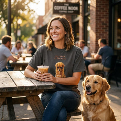 My Kind of Monday Shirt — Personalized Dog Portrait Option — Funny Dog Lover Gift — Golden Retriever Iced Coffee Tee — Comfort Colors